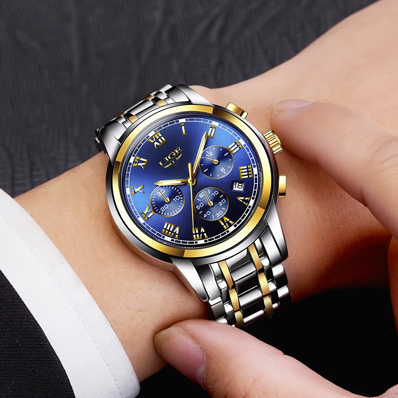 Часы наручные LIGE Мужские кварцевые роскошные Брендовые спортивные