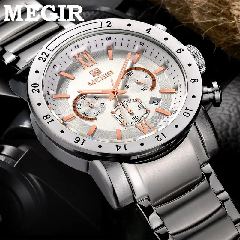 Часы наручные MEGIR Мужские кварцевые, брендовые деловые белые водонепроницаемые светящиеся с тремя глазами от AliExpress WW