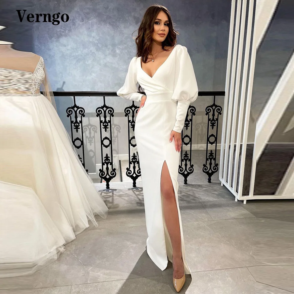 

Verngo Simple Long Sleeves Wedding Dresses V Neck Elastic Satin Side Slit Modest Bridal Gowns Floor Length Women Formal Dress