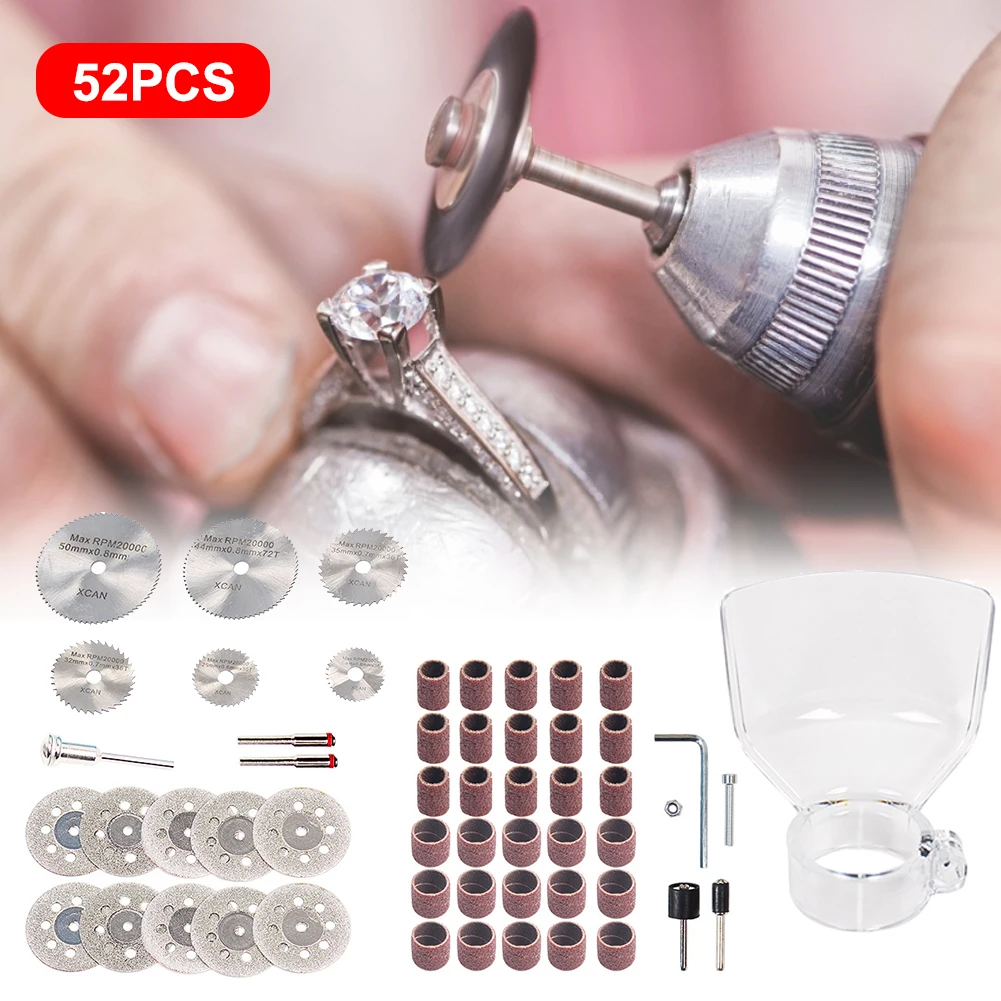 

52PC Rotary Tool Kit HSS Saw Blade + Diamond Cutting Disc + Electric Grinding Protecting Cover + Polisher Ring