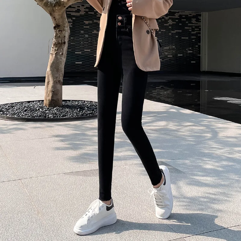 

2021 Autumn High Waisted Hollow Out Design Jeans Women Black Extended Stretch Skinny Denim Pencil Pants for Tall Girl 165-175 Cm
