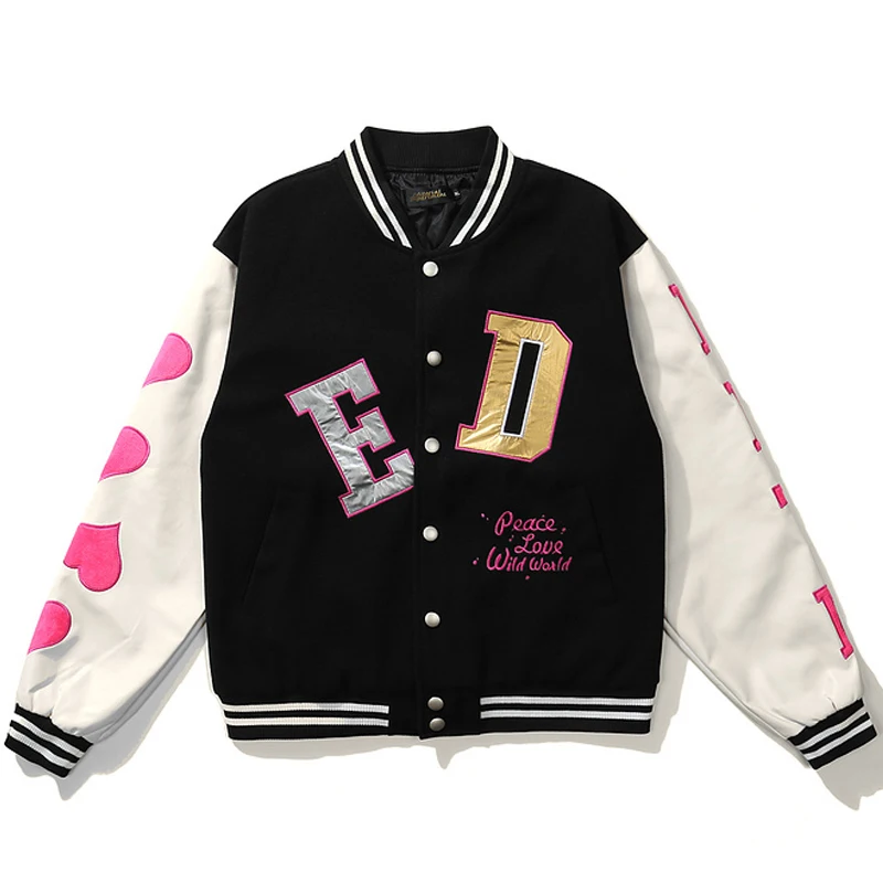 

Mens Harajuku Letter Heart Embroidery Varsity Baseball Coats Unisex Retro Bomber Jacket Oversize Streetwear Casaco Masculino