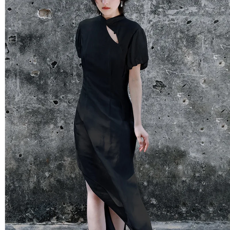 

IEQJ Women Black Elegant Vintage Slit Printed Bud Sleeve Hollow Cheongsam Dress New Long Sleeve Fashion Summer 2021 3F0286