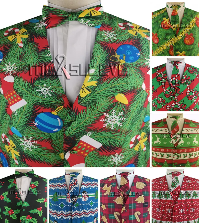 

free shipping tailored polyester printing fabric Christmas waistcoat set