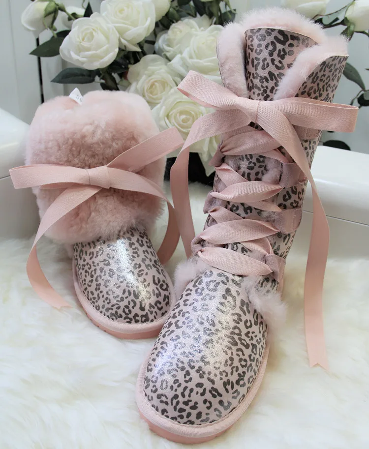 Pink Leopard Новинка; женские зимние ботинки наивысшего качества из натуральной овечьей кожи; модные зимние ботинки на шнуровке; натуральный мех; Шерсть; женские высокие ботинки - Цвет: Pink Leopard