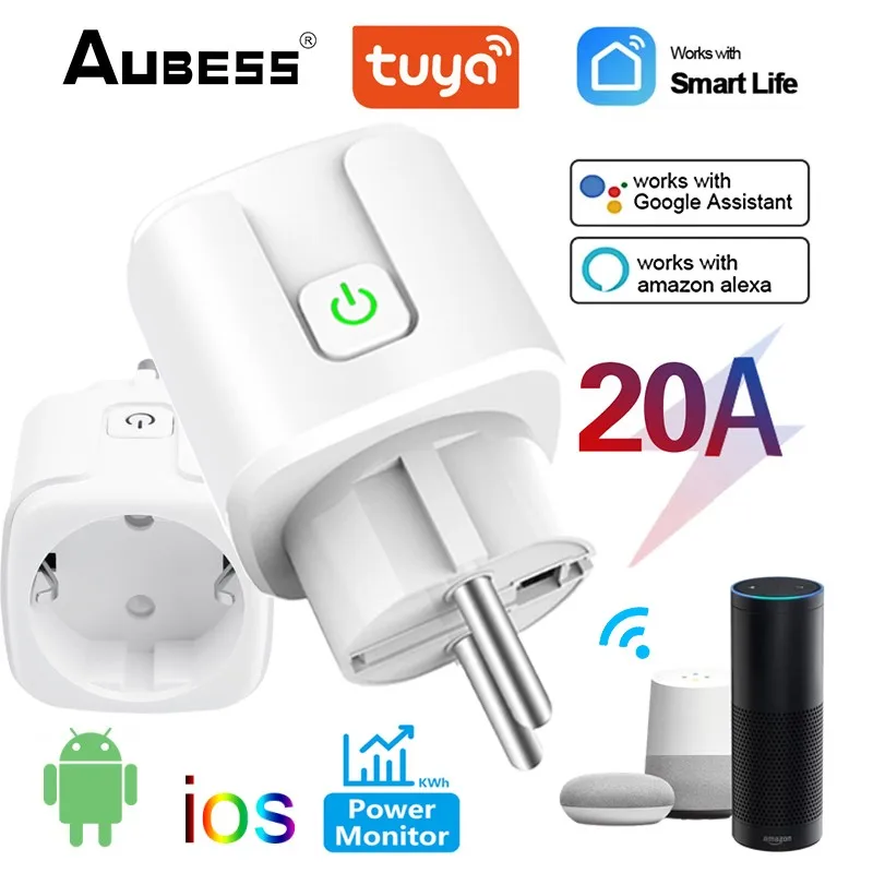

Aubess WiFi Smart Plug Sockets Tuya Smart Life APP 20A EU Adapter Work With Alexa Google Home Smart-Home Automation EU Plug