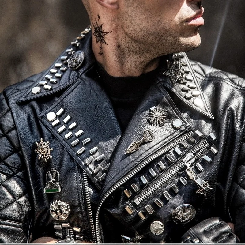 Куртка мужская из искусственной кожи с заклепками мотоциклетный пиджак в стиле