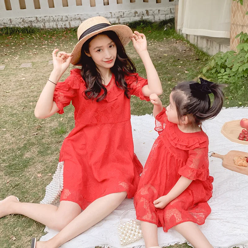 

2021 girl new princess dress summer western children's open back mesh skirt Parent-child wear mother-daughter lace dress