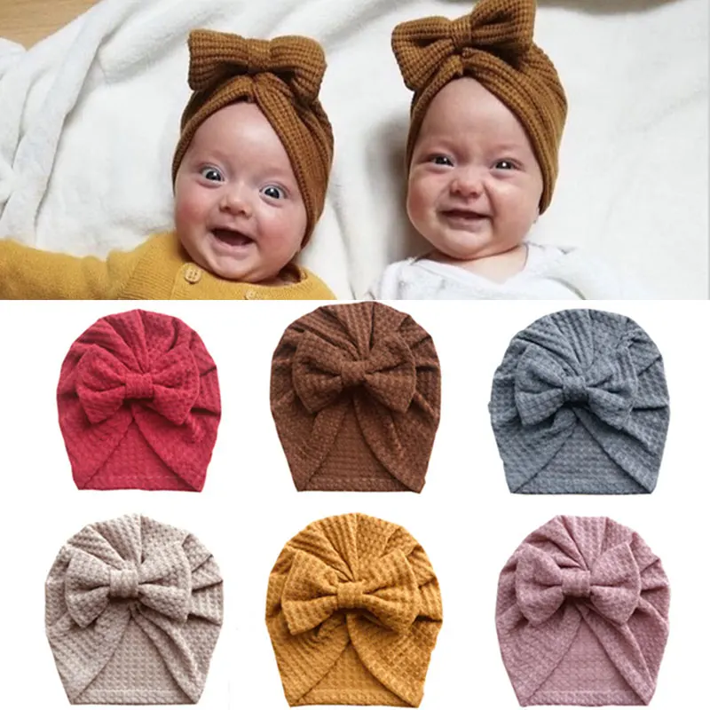 

Color Waffle Knitted Children's Bow Hats Knitted Hats Children's Hats High Quality Soft And Comfortable Children's Hats