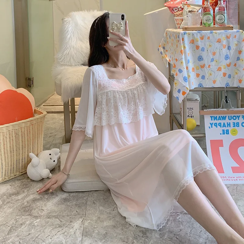 Gauze Princess Nightdress Women's Summer Short Sleeve Fashion Fresh Nightgown Sexy Home Skirt Nightwear Autumn Female Sleepwear