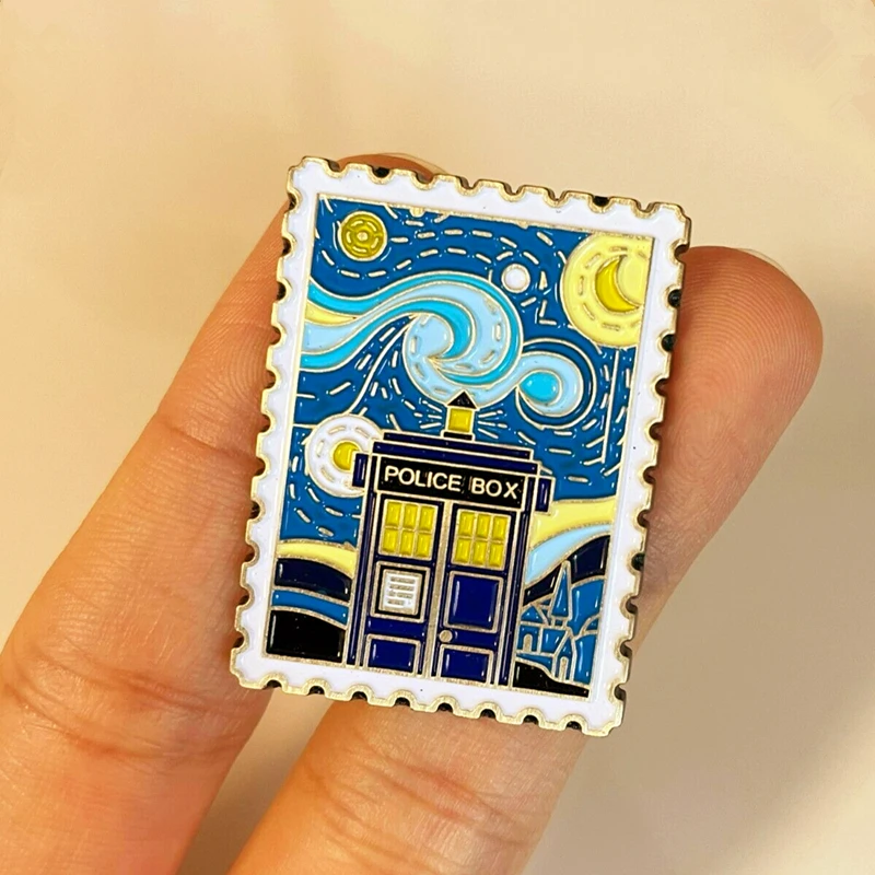 Tardis Звездная ночь Ван Гога штамп полицейская коробка эмалированная брошь рюкзак