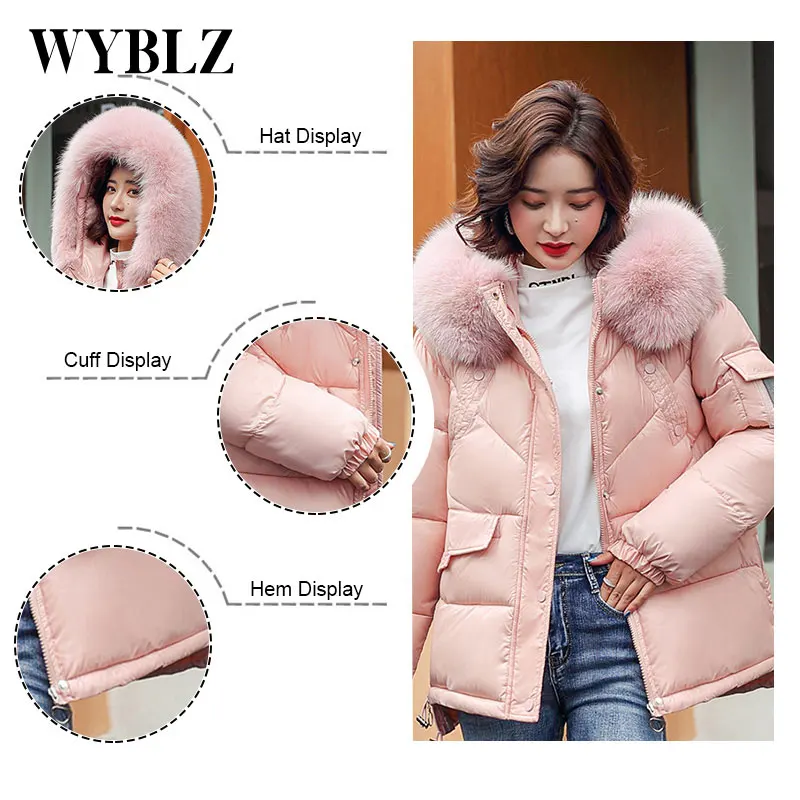 WYBLZ Winter Clothing Women Warm Cotton Jacket Hooded Fashion Padded Femme Parkas Coat Fur Collar Solid Color Loose Jackets 2021