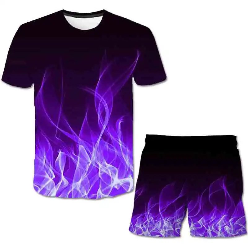 

New Kids Summer Short Sleeve Set 2021 3D-Printed Flame Pattern for Boys and Girls athleisure