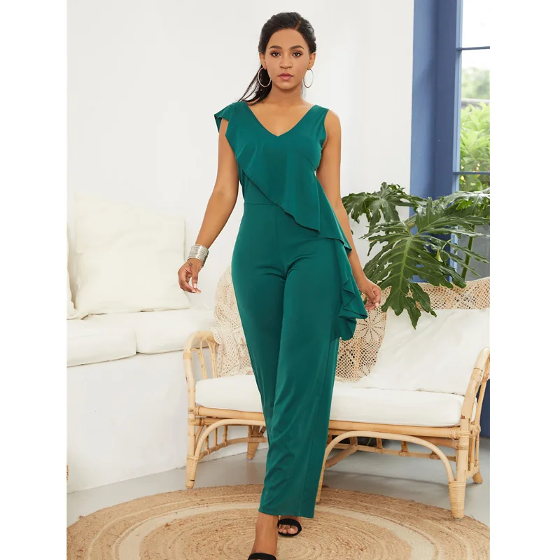 Зеленый комбинезон с оборками элегантные прямые комбинезоны для женщин 2019