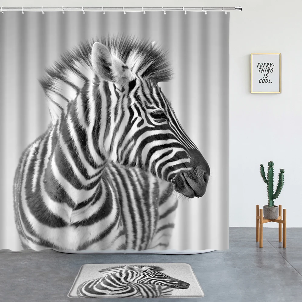 

Шторы для душа Zebra в черно-белую полоску, современный Художественный набор с дикими животными для ванной комнаты, Нескользящие коврики, ковр...