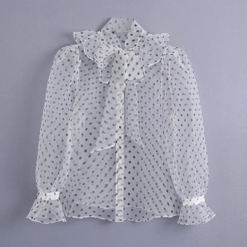 

Visible Women Shirt Autumn 2021 New Fashion Full Sleeve Bow Collar Polka Dot See Through Top Modern Lady Casual Blouse