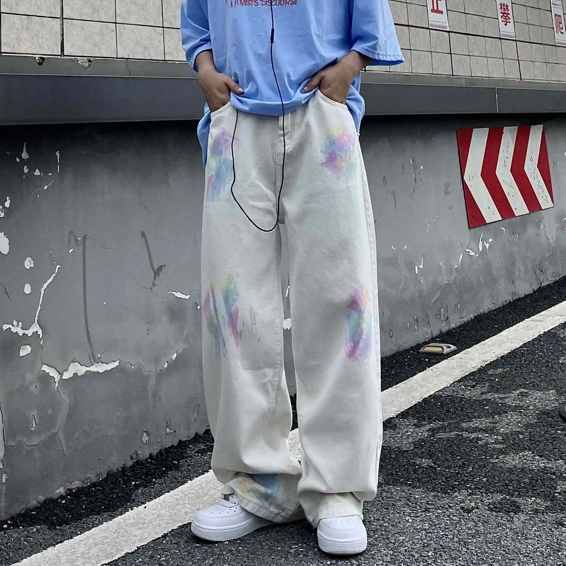 

Джинсы в стиле ретро Harajuku, женские повседневные брюки с высокой талией, свободные брюки с широкими штанинами в стиле колледжа