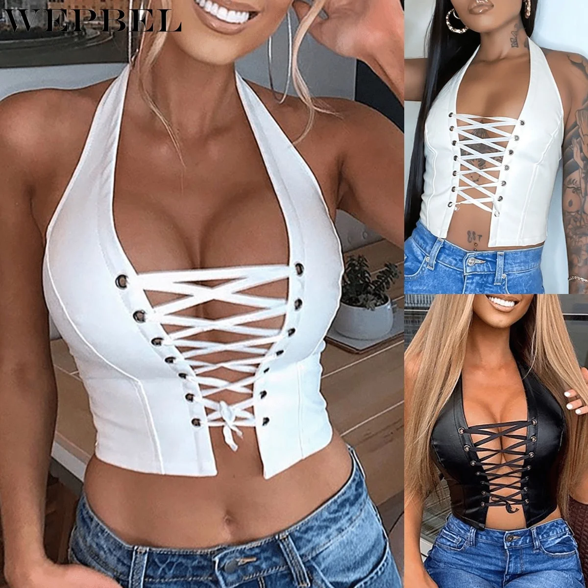 

WEPBEL Women's Summer Sexy Halter Eyelet Lace-up PU Leather Crop Top Slim Fit Bandage Tank Tops