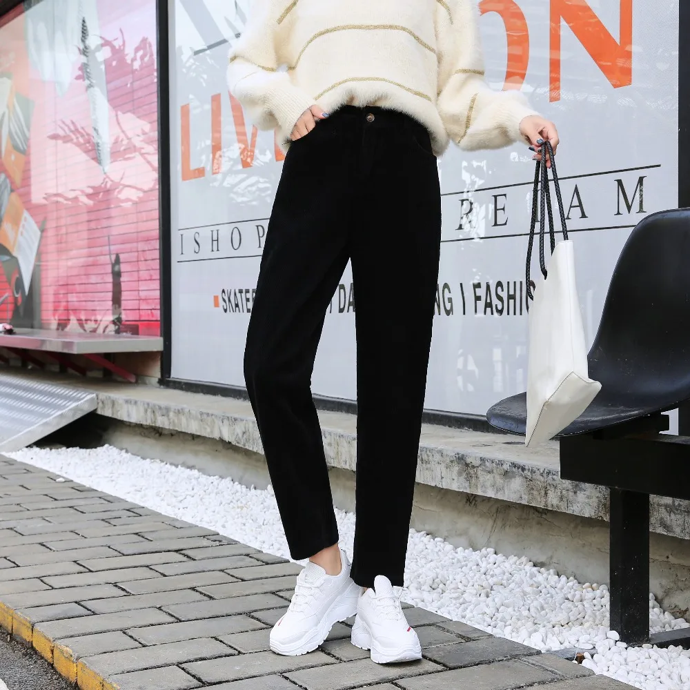 Женские брюки больших размеров, шаровары, Осенние вельветовые брюки, корейские шикарные брюки, черные брюки с высокой талией, pantalones mujer S-5XL