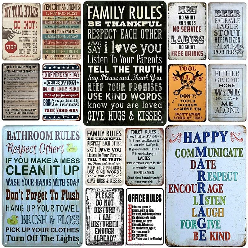 

Funny Quote Metal Sign Plaque Family Rules Tin Sign Plate Vintage Poster Wall Decor For Bar Club Cafe Kitchen Home Decor Signs