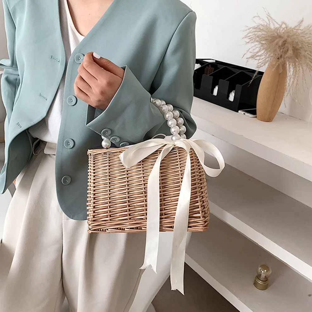 

Vintage Women Pure Color Rattan Woven Tote Lunch Bags Casual Ladies Summer Beach Vacation Pearl Top-handle Small Basket Handbag