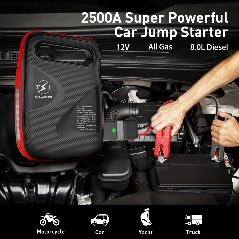 $94.49 FLYLINKTECH Portable Car Jump Starter with 100W AC Outlet 24000mAh 12V 2500A Battery Booster Pack Auto Fast Charger 3.0 USB port