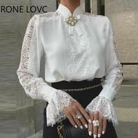 women solid elegant half high neck lace patchwork flared sleeves hollow out women white blouse