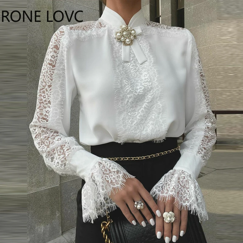 Женская однотонная элегантная кружевная Лоскутная белая блузка с полувысоким