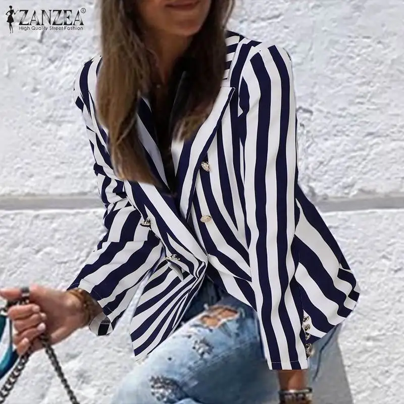 

ZANZEA Fashion Double Button Short Coats Women Autumn Vertical Striped Coats Casual Office Lady Long Sleeves Outwears Oversized