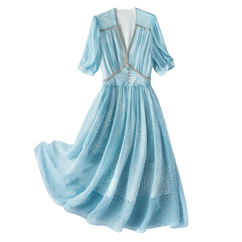 

L to 5XL 2021 Summer New Arrival Elegant Dot Print Beaded V-neck Long Plus Size Chiffon Blue Dress Woman