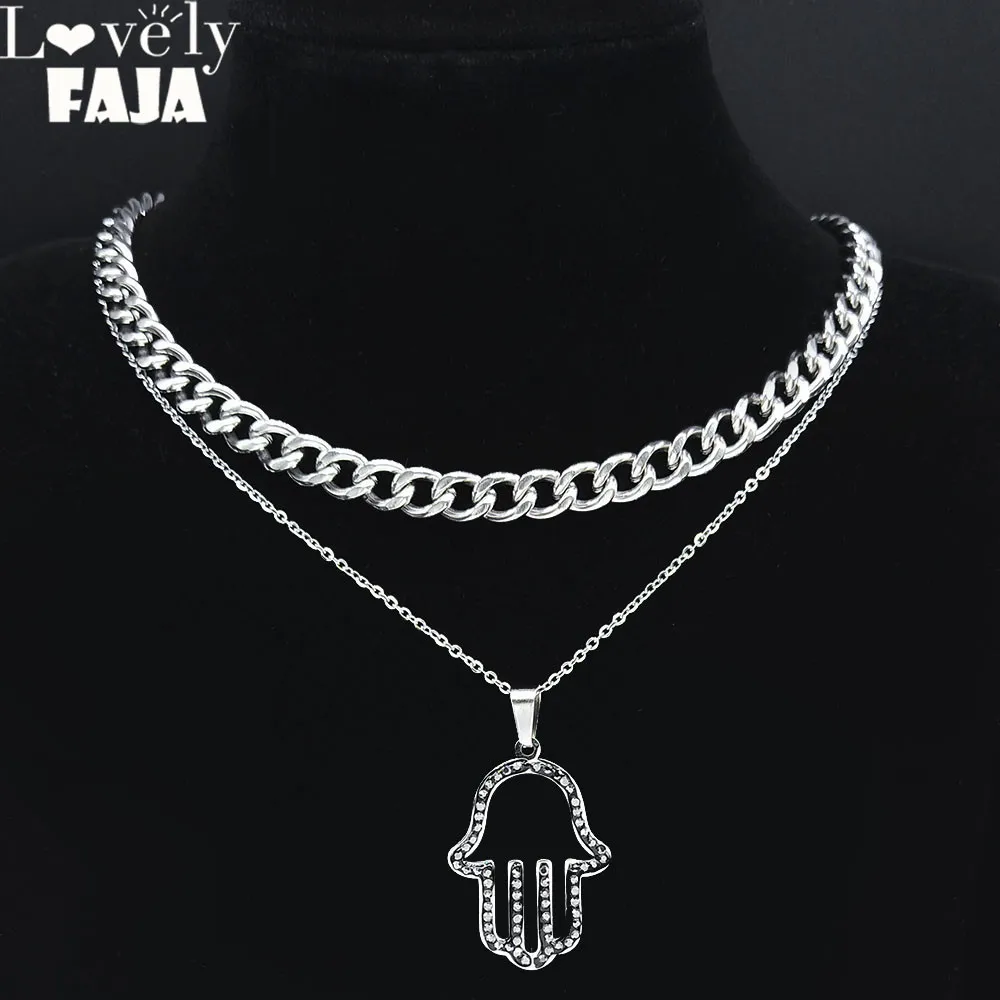 

2pcs Stainless Steel Hamsa Hand Chain Necklace Women/Men Silver Color Choker Necklaces Jewelry collier main de fatma N4897S03