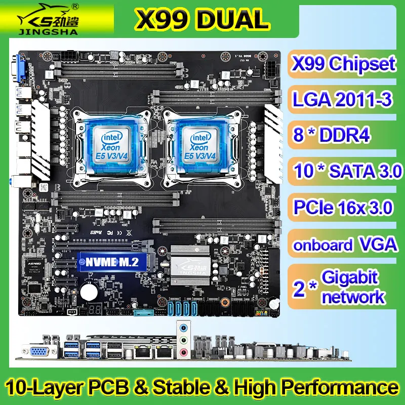 Verkaufen X99 Dual CPU Motherboard LGA 2011 V3 Unterstützung Intel Xeon E5 V3 V4 Serie Prozessor Mit 8 DDR4 RAM 10 SATA 3,0 Für Chia Bergbau