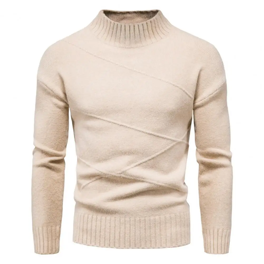 

Men Casual Pullover Top Half High Collar Slim Ribbed Cuff Stripe Solid Color Bottoming Sweater Daily Wear