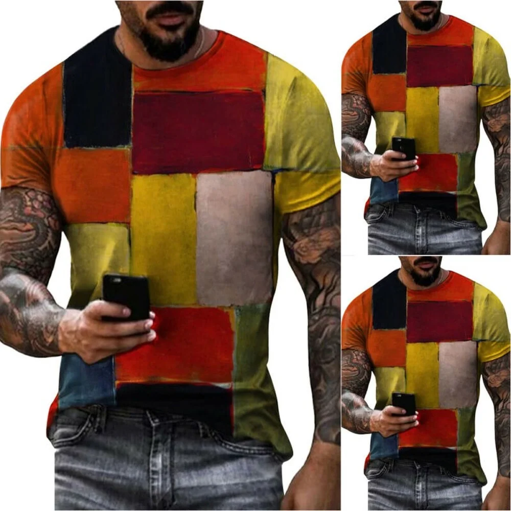 

Men Colourblock Short Sleeve T-shirt Round Neck Tops Summer Holiday Casual Tee