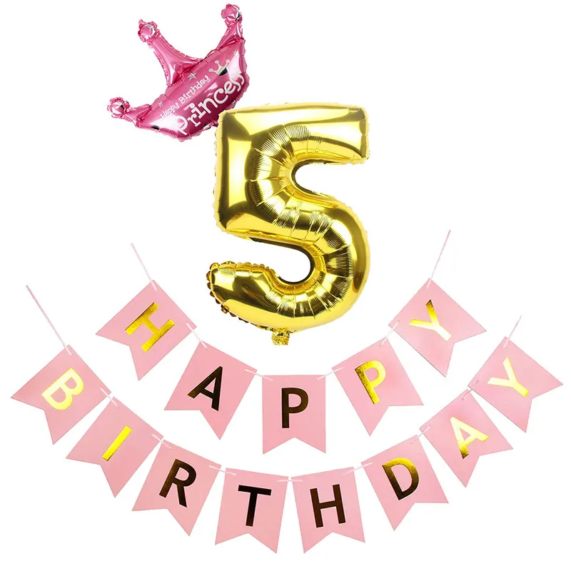 pink 5 banner 21 шт. розовое золото номер 5 фольги Воздушные шары набор 5-й День рождения украшения для маленьких мальчиков и девочек 5 лет счастливый Декор ко дню рождения розовый синий - Цвет: pink 5 banner