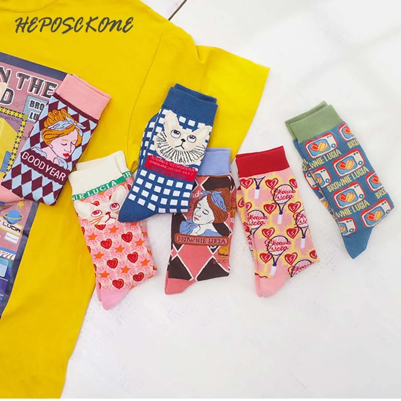 

[HEPOSCKONE] 2019 новый продукт, красочные индивидуальные женские носки в стиле колледжа, счастье хлопок носки со смешным рисунком Skarpetki