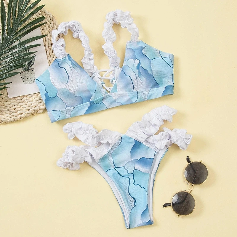 

Sexy Hot Low Waist High Cut Thong Women's Bikini 2021 Push Up Swimsuit Floral Smocked Brazilian Biquini Female Swim Beach Wear