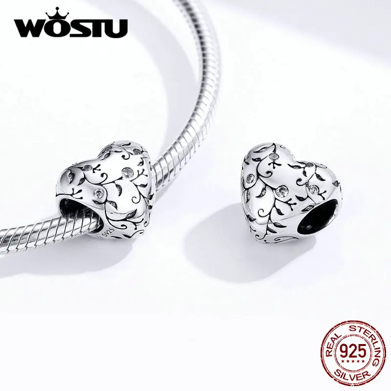 WOSTU Настоящее 925 пробы Серебряное сердце бусины цветок Ретро узоры Подвески Подвеска подходит браслет серебро 925 ювелирные изделия DXC1323