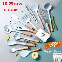 silicone kitchenware sets wooden handle non stick kit cream spatula soup ladle skimmer oil brush food tongs kitchen accessories