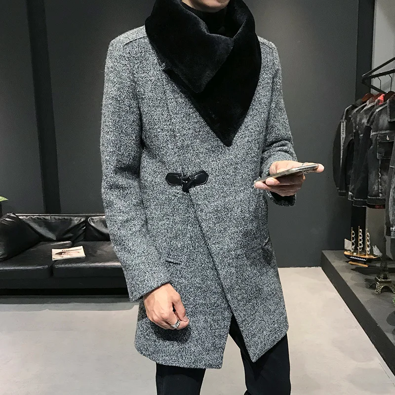 Зимнее шерстяное пальто мужской теплый плащ-манто с меховым воротником мужское