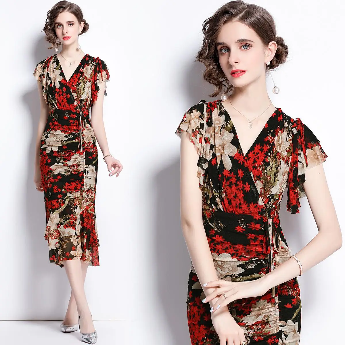 

Simgent Ruffle Dress Women Summer Mesh Print V-Neck Elegant Vintage Ruched Draapped Wrap Dresses Vestidos Woman Clothing SG16197