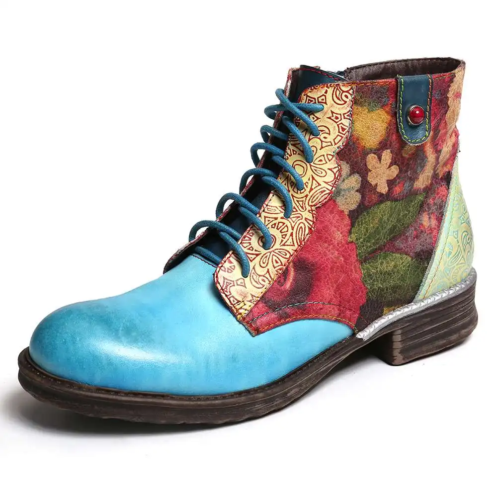 Синий SOCOFY/Botas Mujer; ботинки с цветочным узором из натуральной кожи на молнии; короткие ботинки на плоской подошве со шнуровкой; женская обувь; женская зимняя обувь - Цвет: Синий