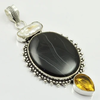 Ботсванские Агаты и цитрины & жемчуг бива Кулон Серебро Наложение над медью 76 мм