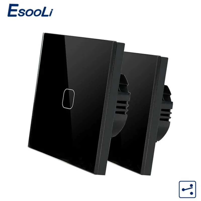 1 Gang 2 Way Black Esooli ЕС стандарт 1/2 банды 2 способ управления настенный сенсорный экран переключатель, Хрустальная стеклянная панель, крест/через переключатель, 2 шт./упак - Цвет: 1 Gang 2 Way Black