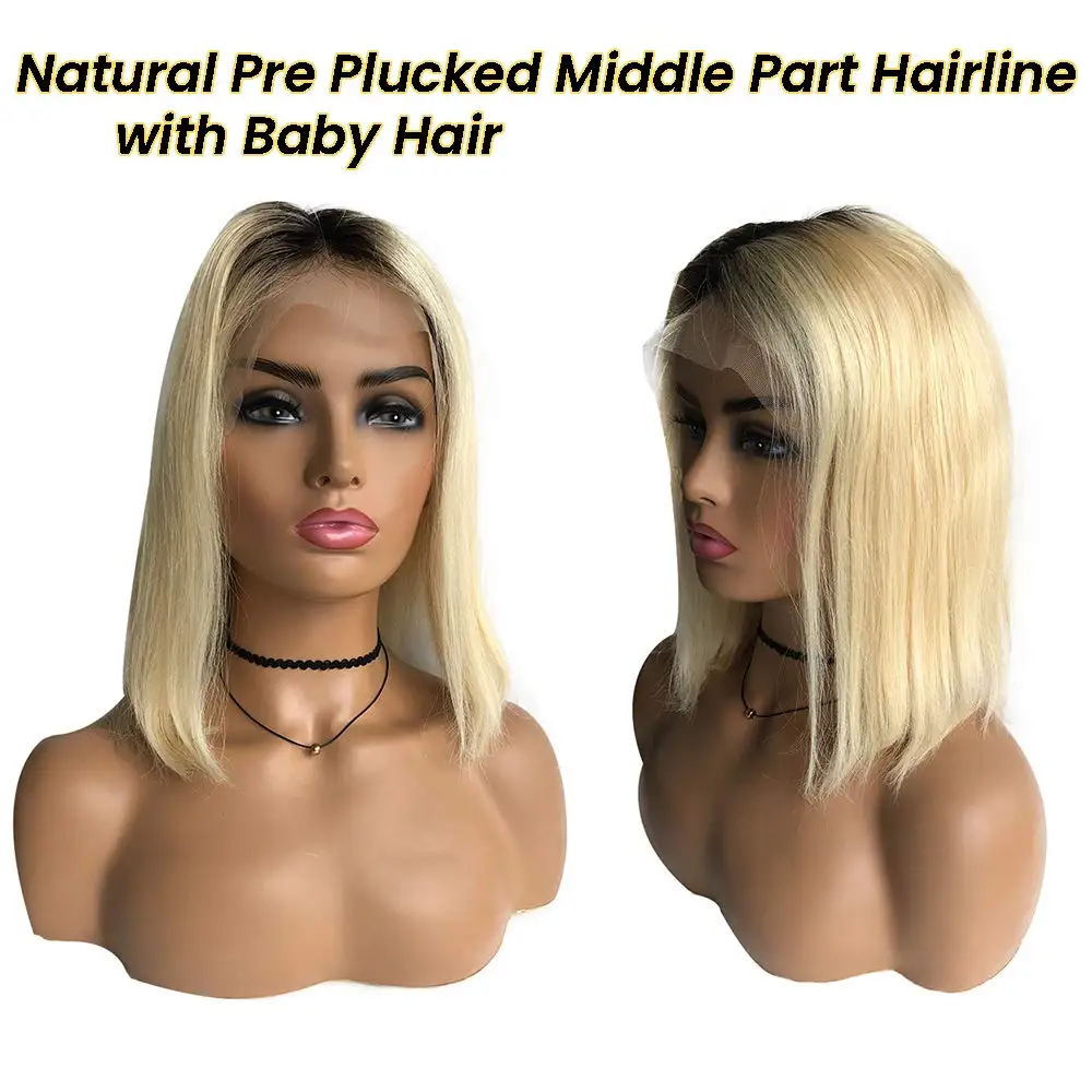 Ombre Blonde T Part Bob Wigs Human Hair 180% Density Glueless 1B613 13x1 Middle Part Lace Frontal Wig Pre Plucked With Baby Hair enlarge