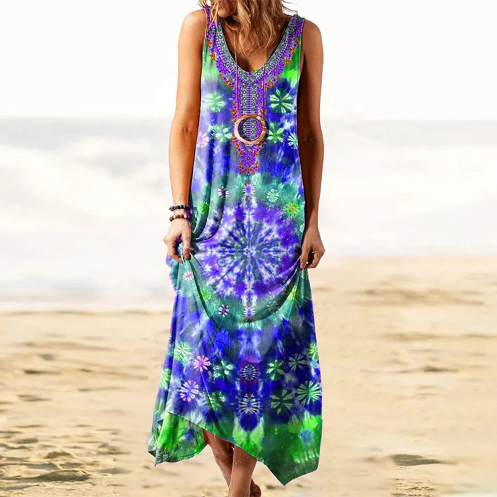 

Summer Dress for Women Boho Indie Folk Print Tank Dress Women Clothing V Neck Loose Women's Dresses Casual Beach Party Vestidos