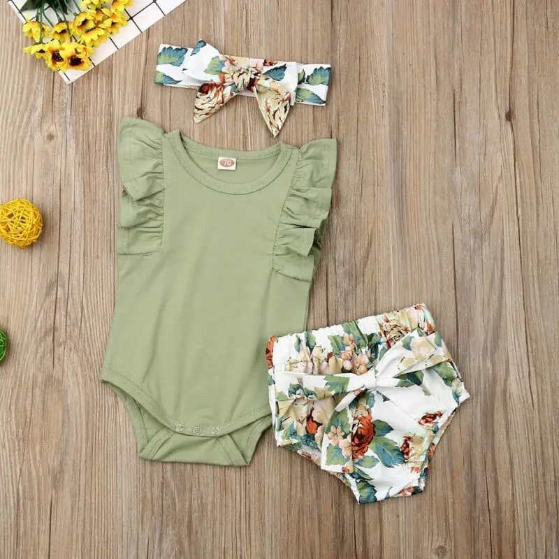 2019 Toddler Newborn Infant Baby Girls Clothes Set Ruffle Sleeveless Bodysuit Green Floral Shorts Headband Clothing Outfit 3PCs |