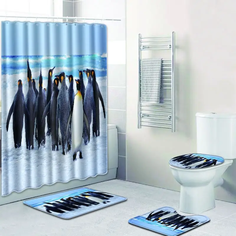 

Ocean Style Bath Mat and Shower Curtain Set Bathroom Carpet Rug Toilet Carpet Toilet Seat Cushion with Waterproof Foor Rug Mat