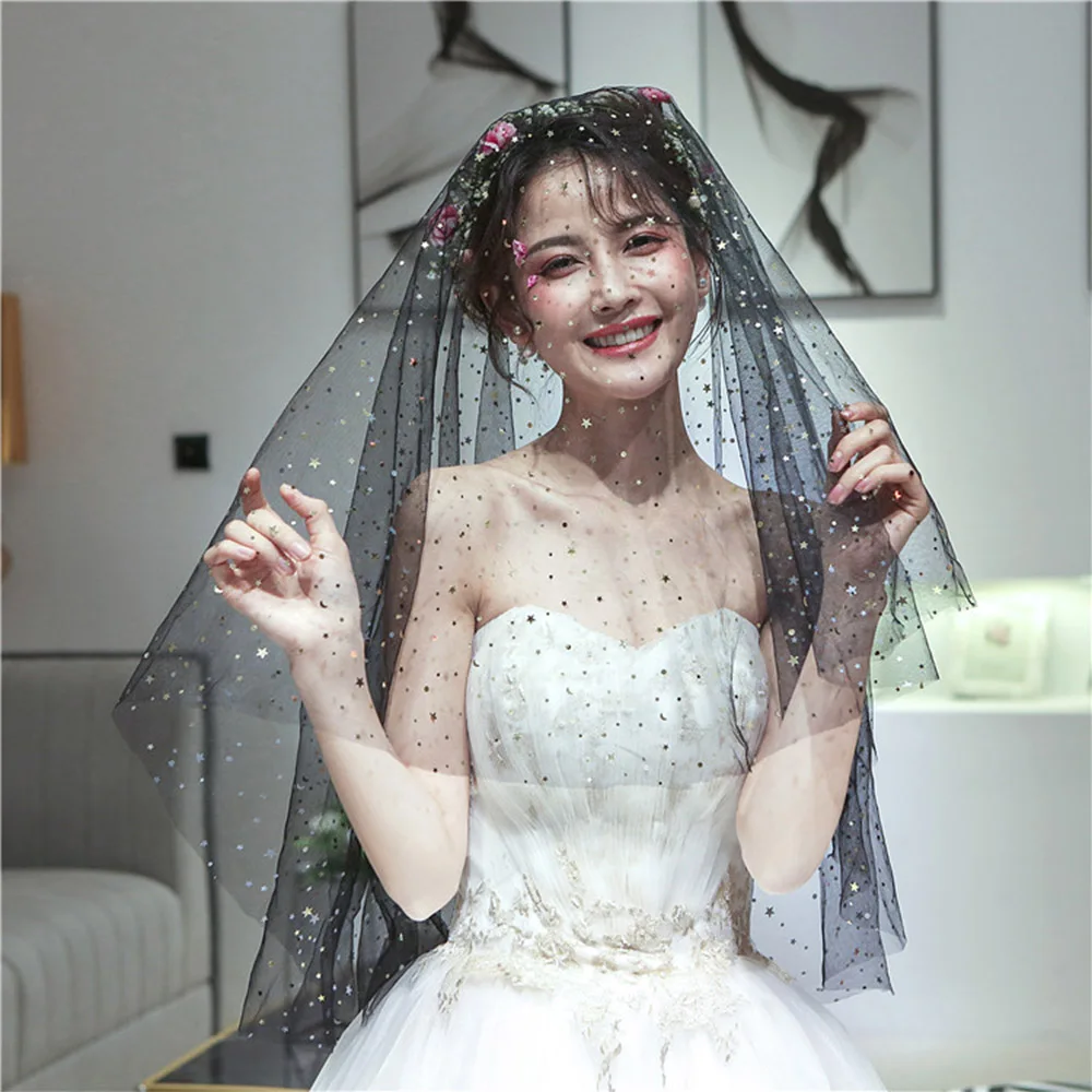 Блестящий черный многоярусный Свадебный Фата чехол для Хэллоуина модные