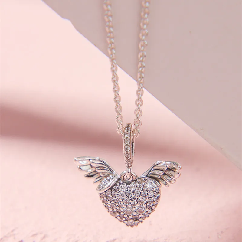 

Gift Pave Heart Angel Wings Pan Necklace 925 Sterling Silver Jewelry Chain Pendant Necklaces For Woman Silver 925 Jewelry